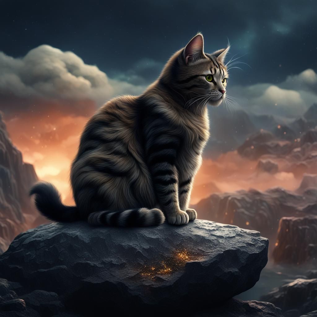 Sad Cat on Rock: Fantasy Concept Art