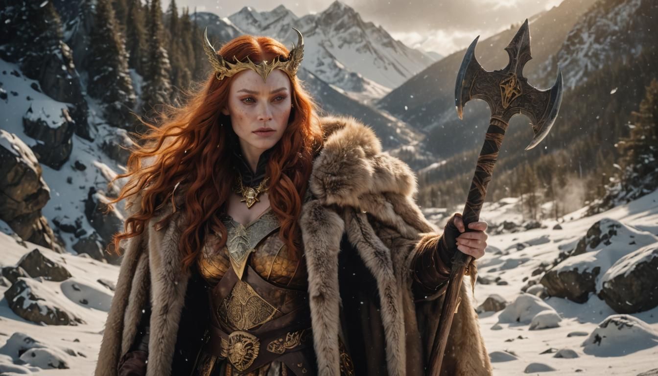 Viking Woman with Dragon in Polaroid Style