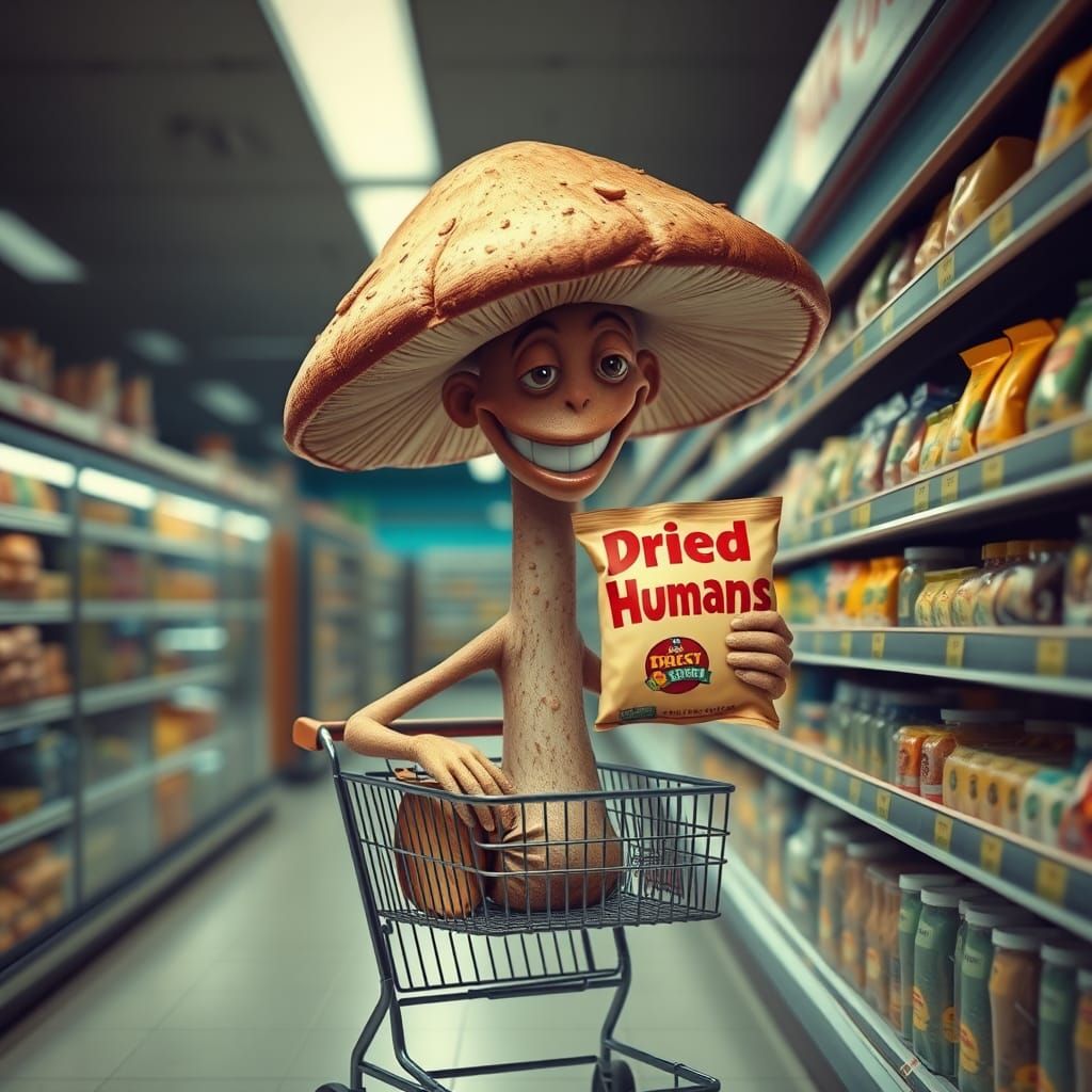 Anthropomorphic Mushroom Shopping for Humans, Surreal Collag...