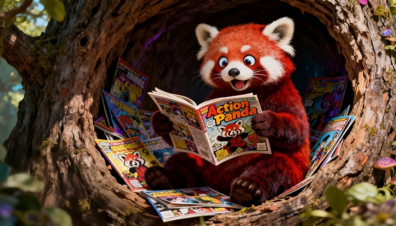 Red Panda Reads Action Panda Comic in Tree