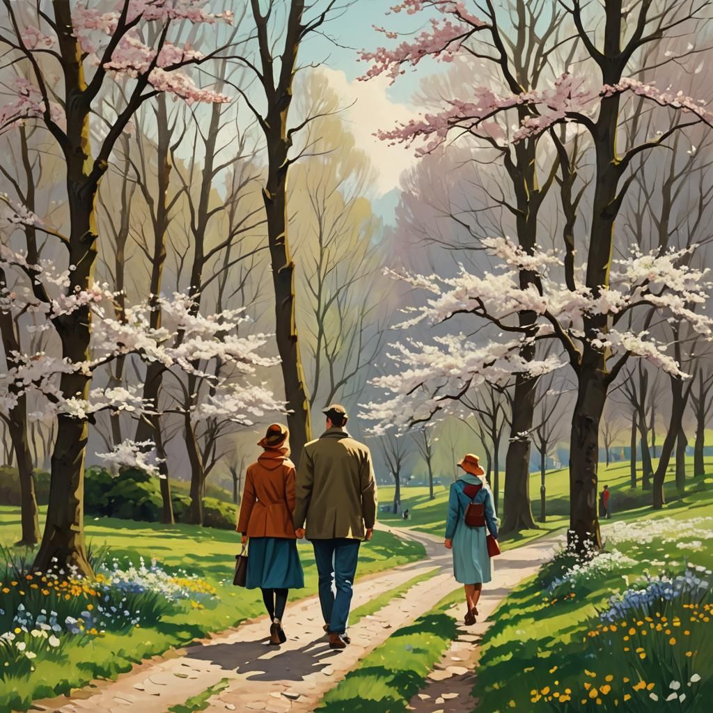 Lovers Walking in Springtime Scenery