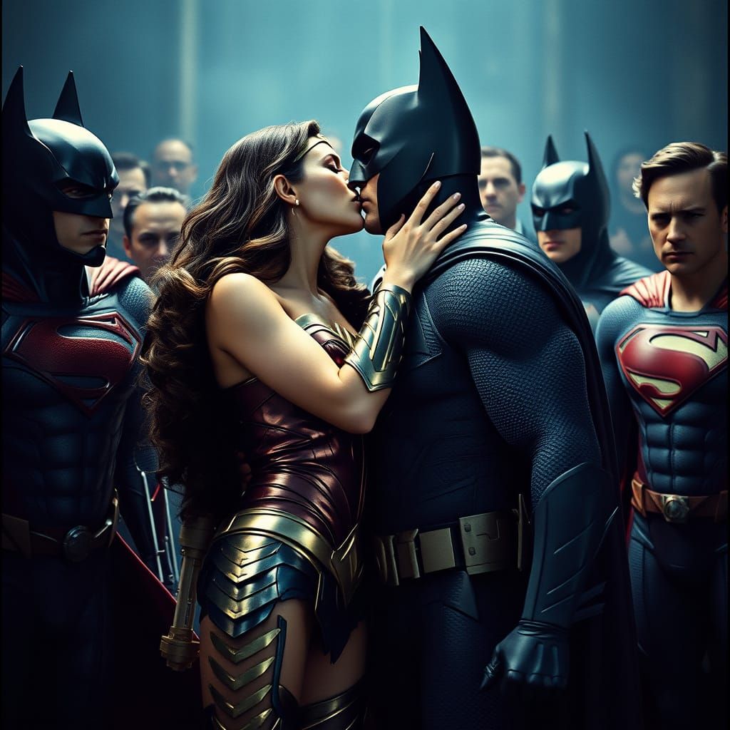 Wonder Woman Kisses Batman in a Cinematic Superhero Scene
