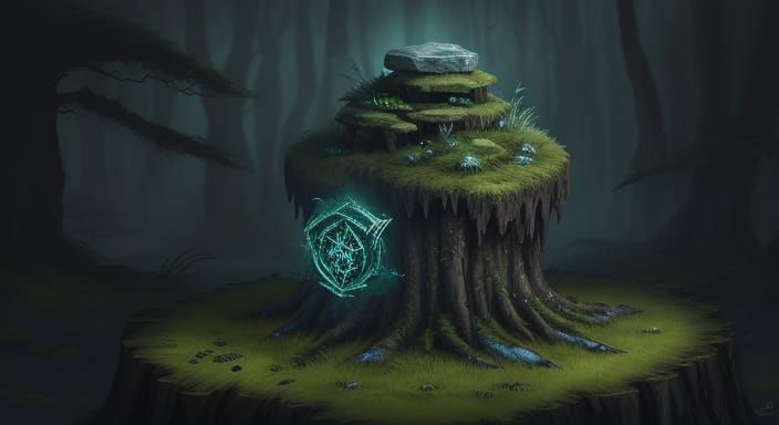 Mysterious Glowing Rune Stone in Dark Forest