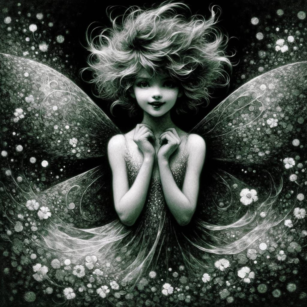 Enchanted Faerie in Whimsical Black and Green Landscape