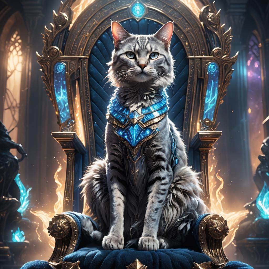 Regal Alien Cat on Throne: Mystical Fantasy Art