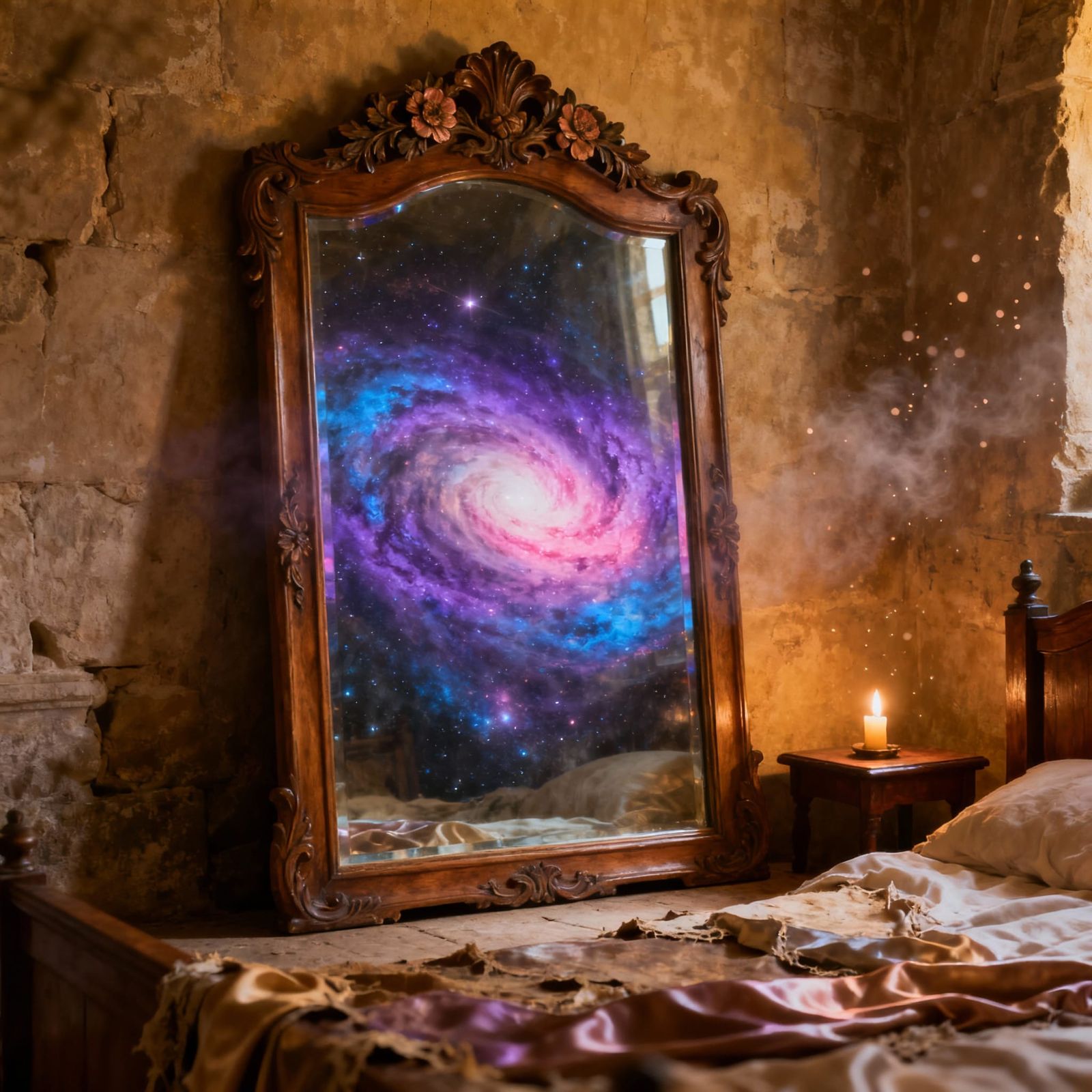 Galaxy Reflection in Ancient Bedroom Mirror