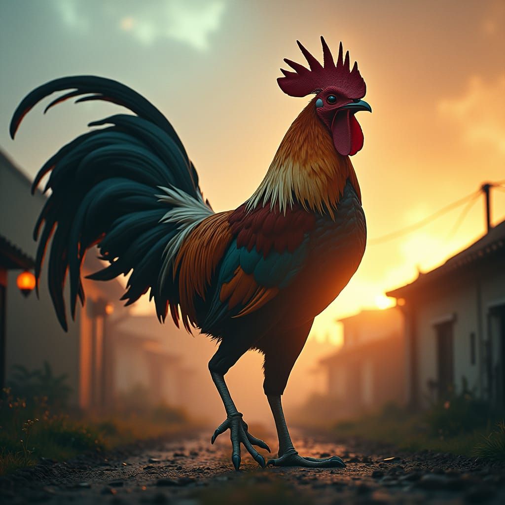 Giant Rooster Destroys Houses: Cinematic Film Still