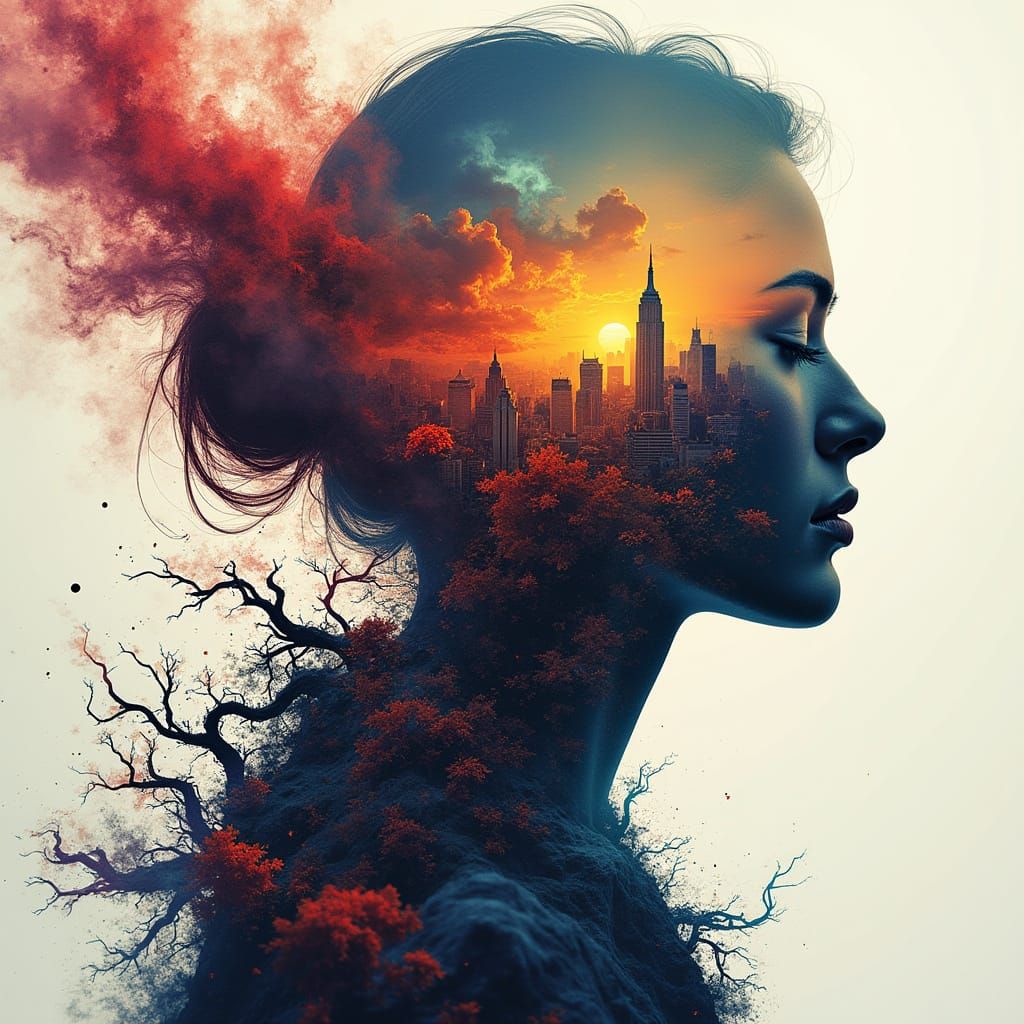 Surreal City Silhouette with Burning Fractal Colors