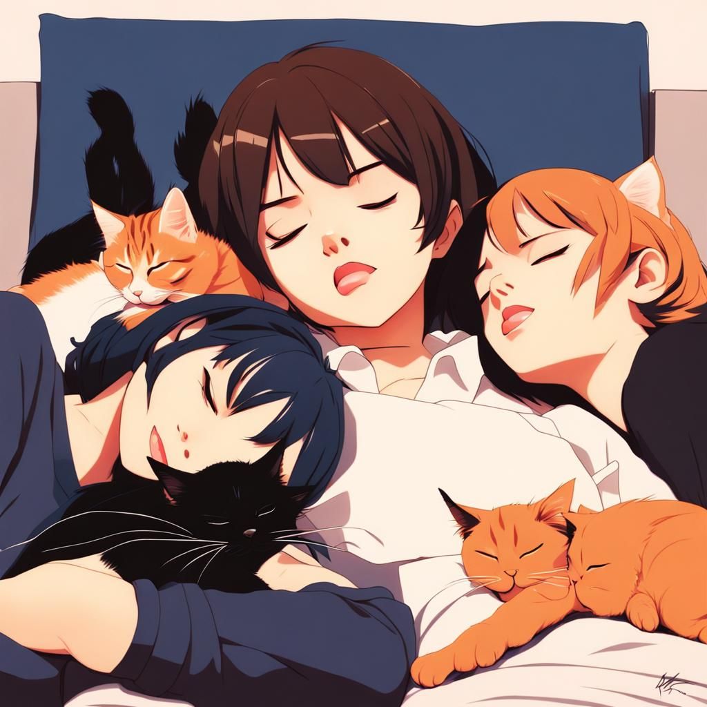 3 cats sleeping, ilya kuvshinov
