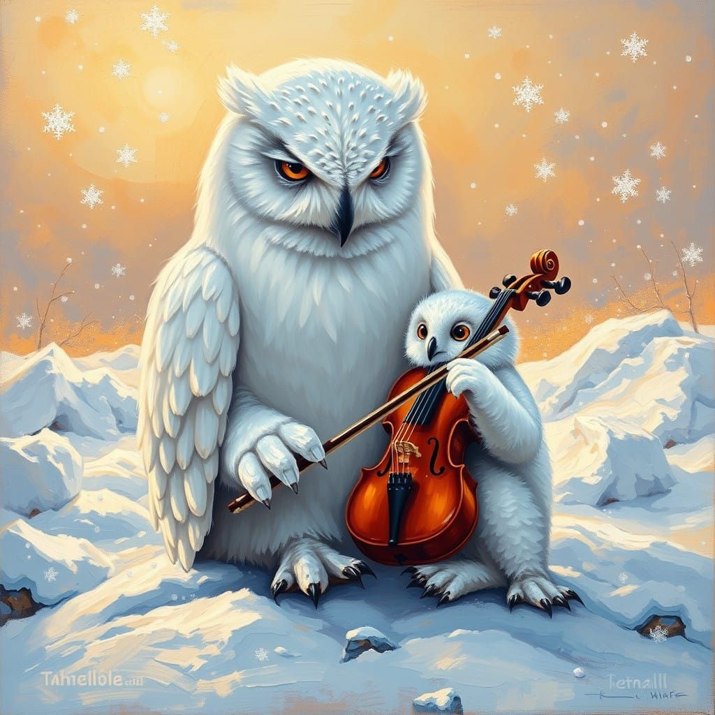 Majestic Owls Play Violins in Serene Winter Landscape