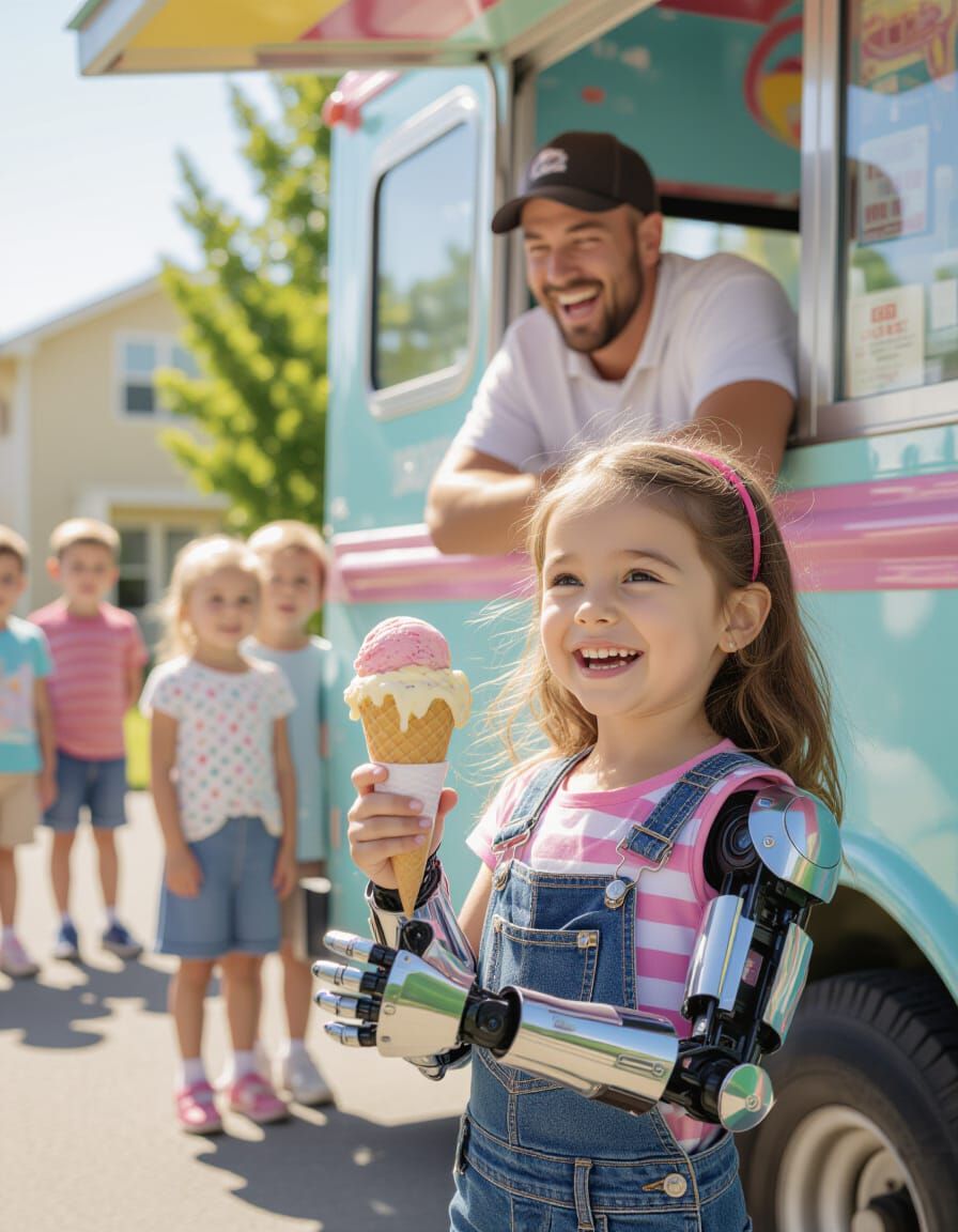 Girl with Cybernetic Arm Enjoys Ice Cream