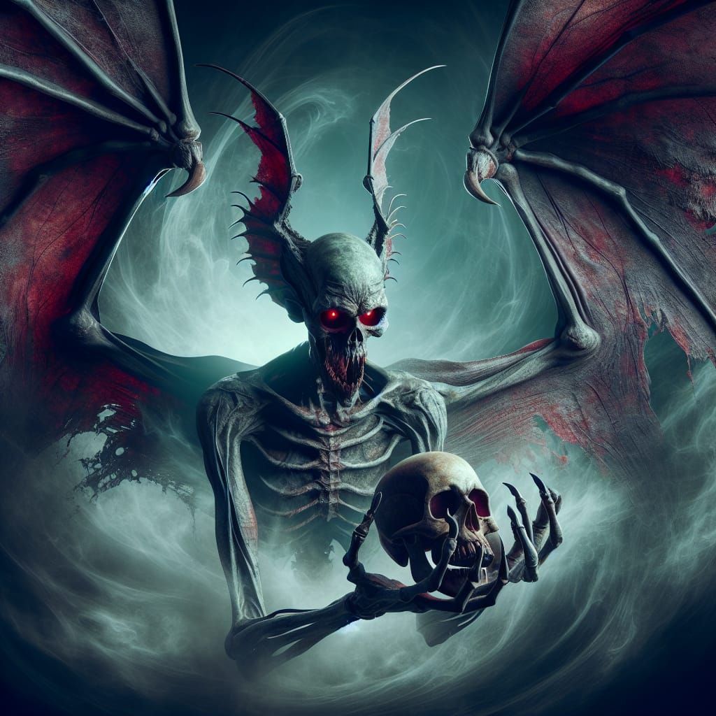Eerie Skeletal Figure in Flight with Skull