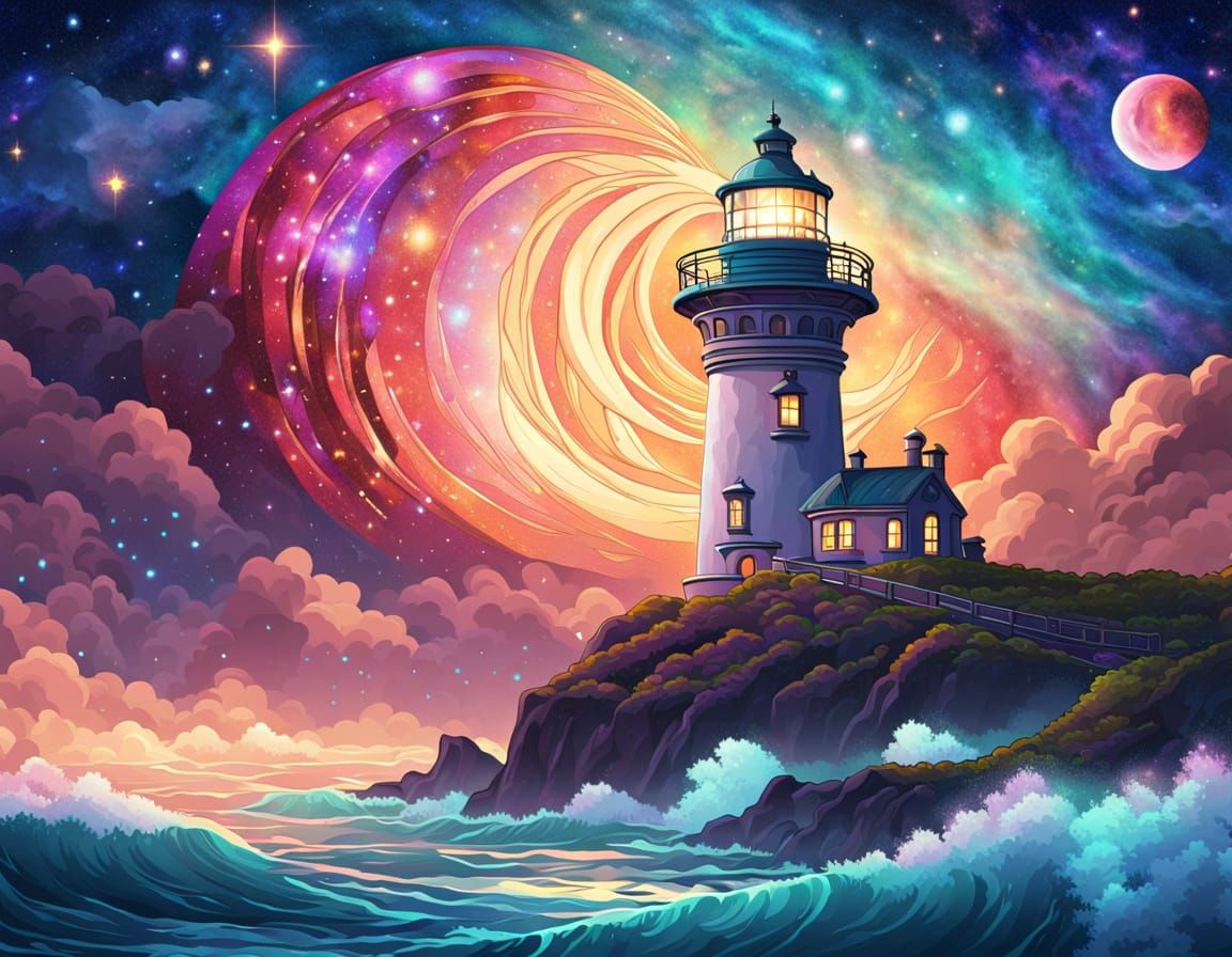 Art Nouveau Lighthouse Illuminates Galaxy From Crescent Moon