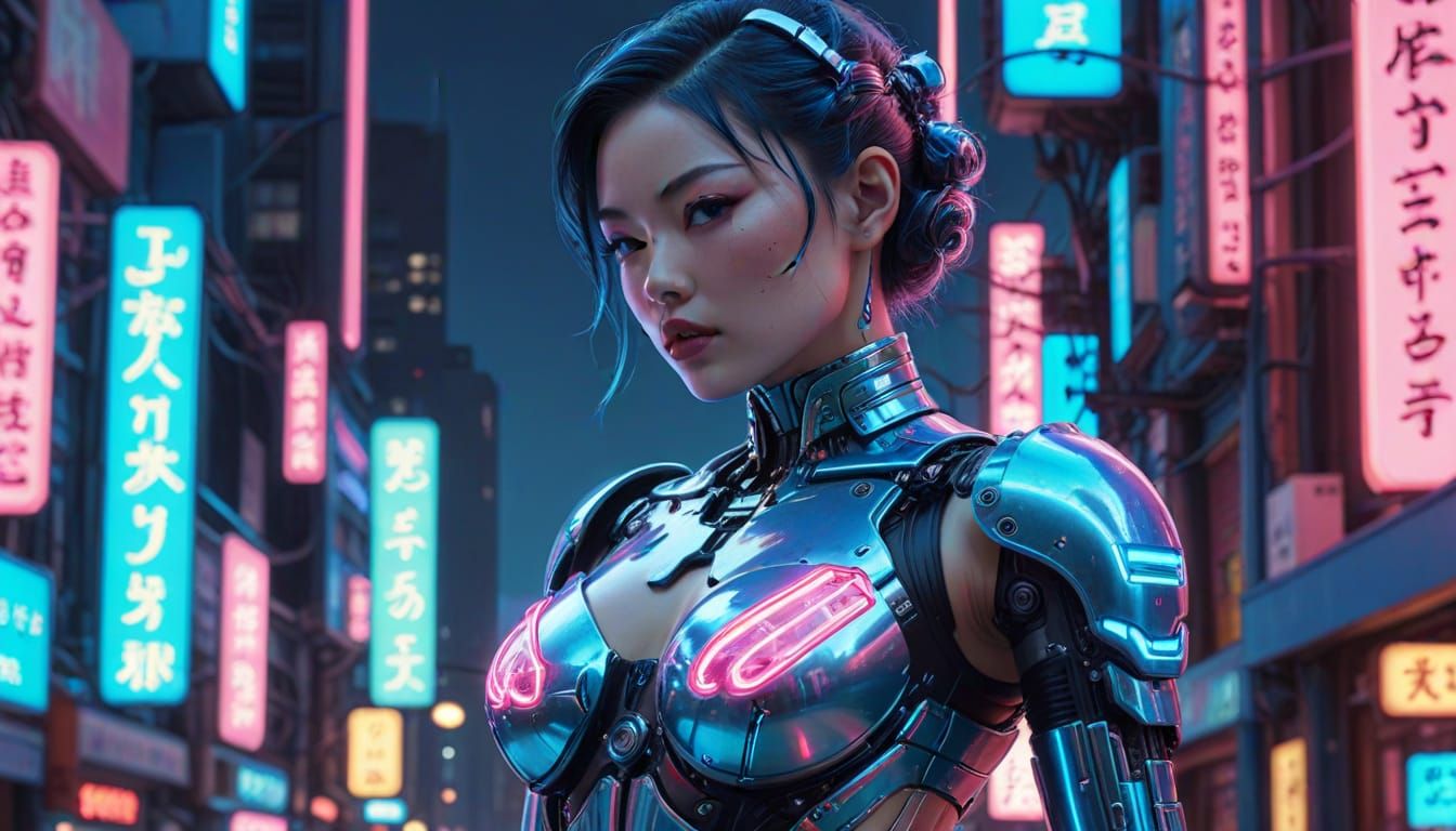 Japanese Cyborg Pin-Up in Retro-Futuristic Cyberpunk Style