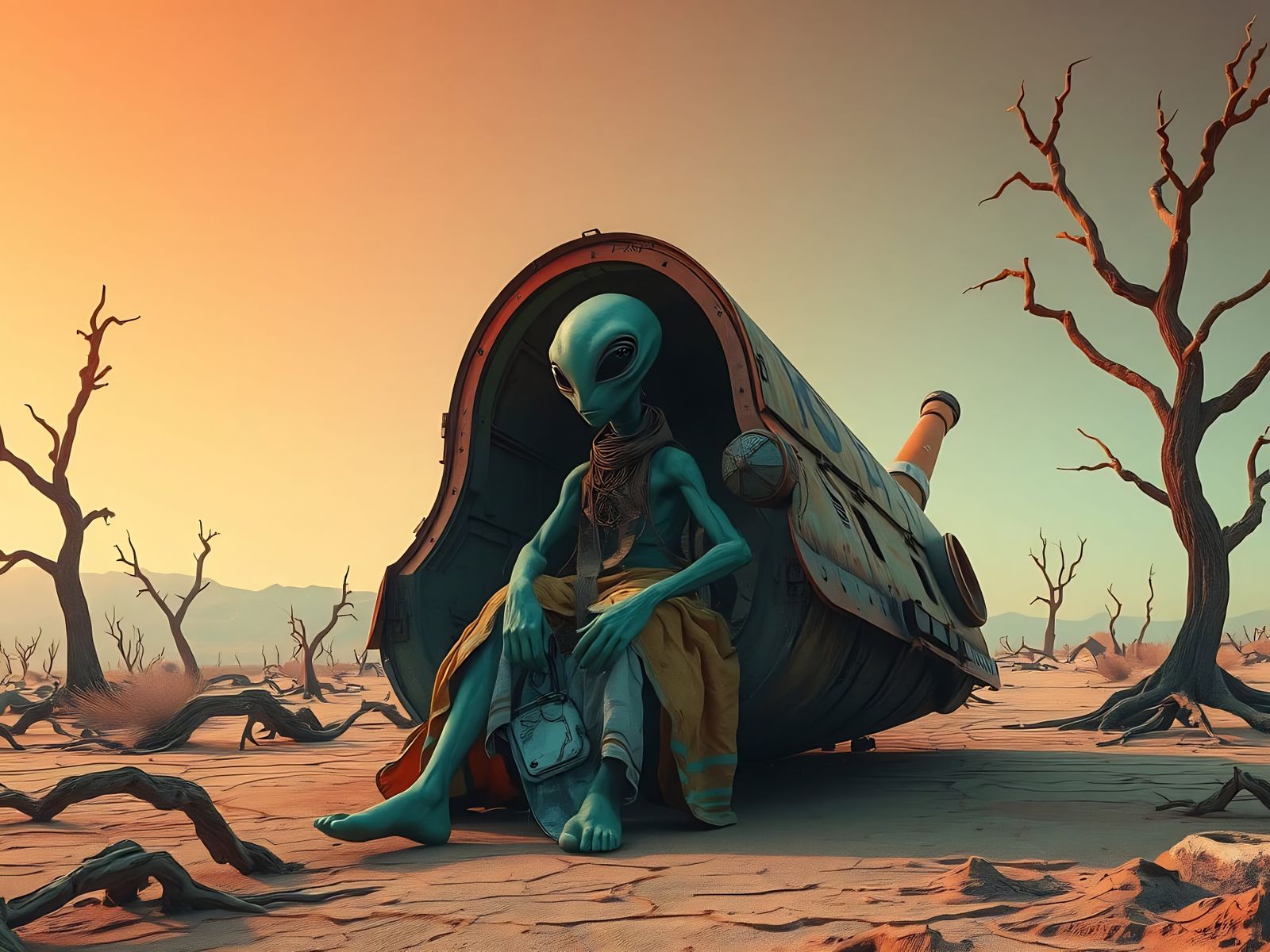 Neon Martian in Crashed Spaceship: Digital Art