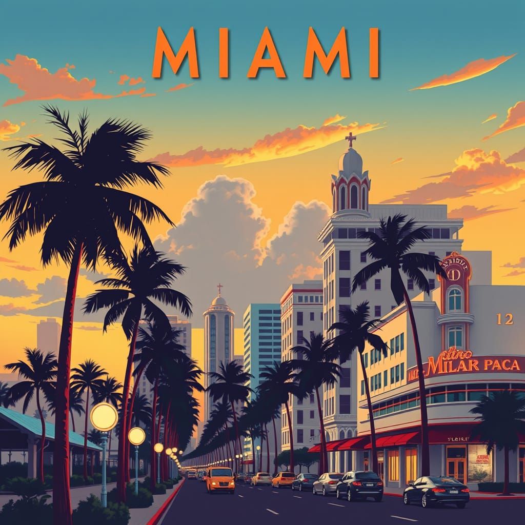 Miami Florida Sunset: Vintage 1940s Travel Poster