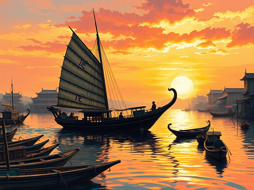 Chinese Junk Boat Silhouetted in Golden Sunset Harbor