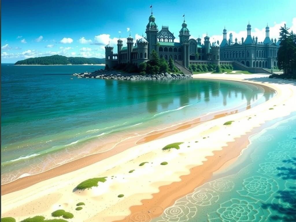 Ethereal Lightblue Victorian Mansion on the Beach