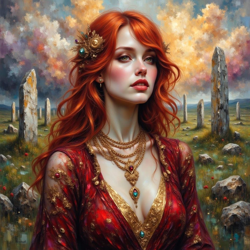 Celtic Goddess in Highland Circle, Impasto Oil Painting