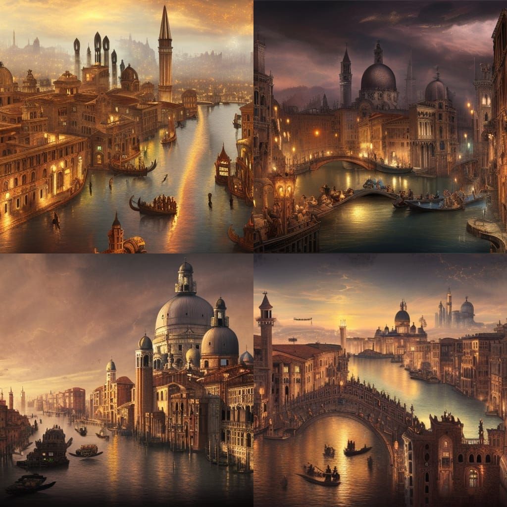 Venetian Steampunk Fantasy City at Night