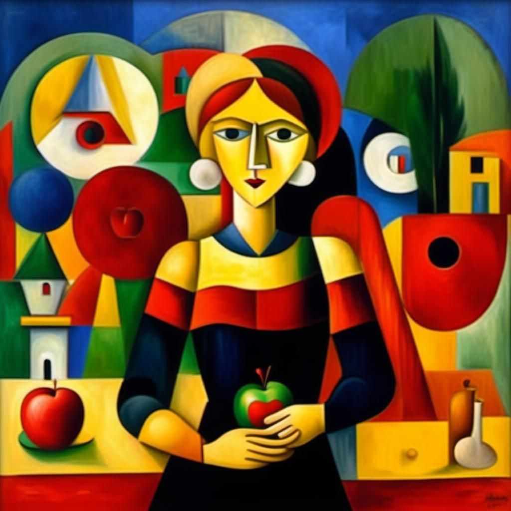 Cubist Teacher with Red Apple in Colorful HDR