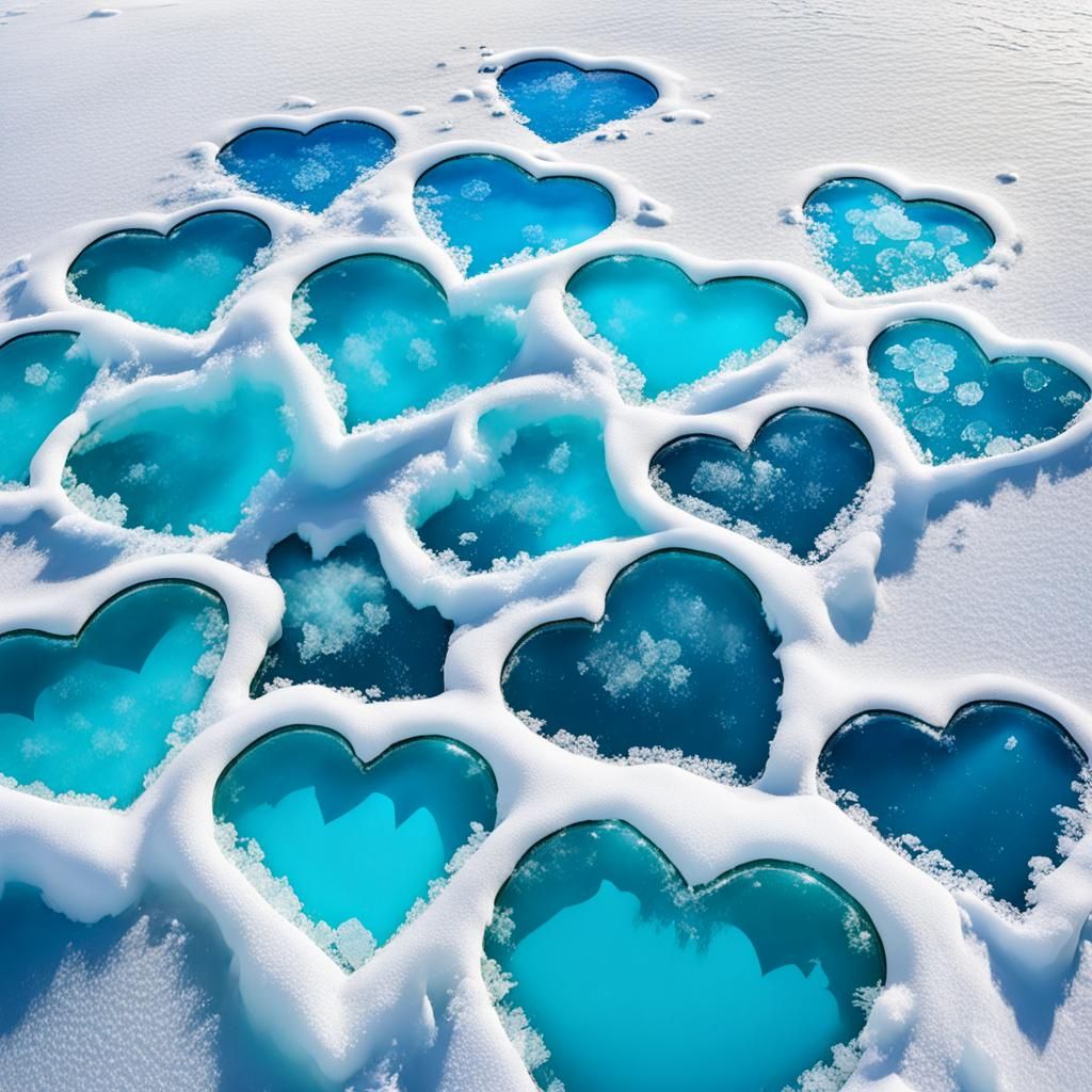 Translucent Turquoise Hearts on Frozen Lake