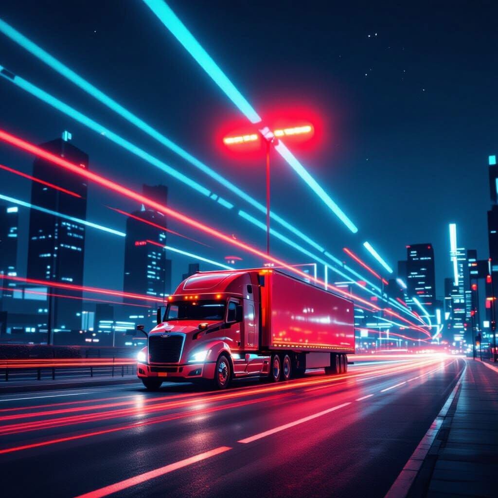 Futuristic City Street at Night with Red Light Truck