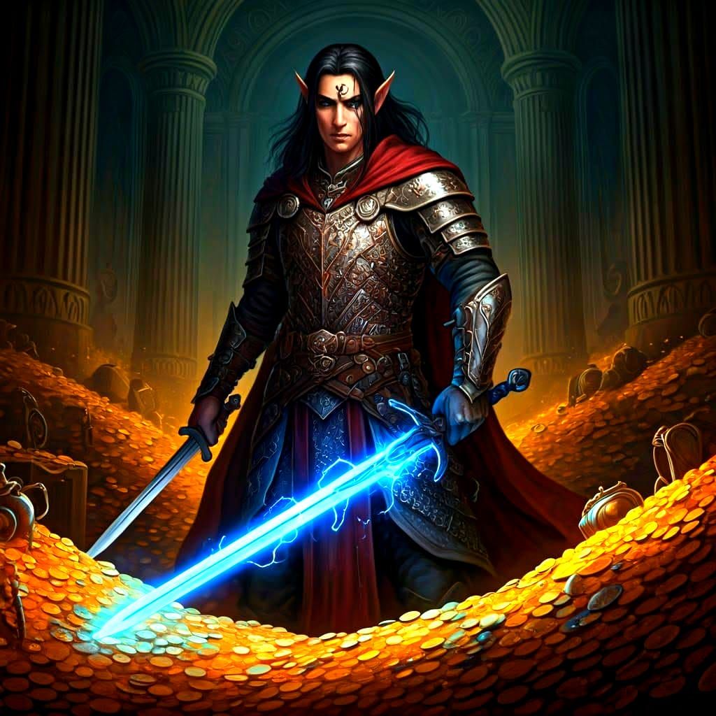 Half-Elf Rogue in Treasure Room with Lightning Sword