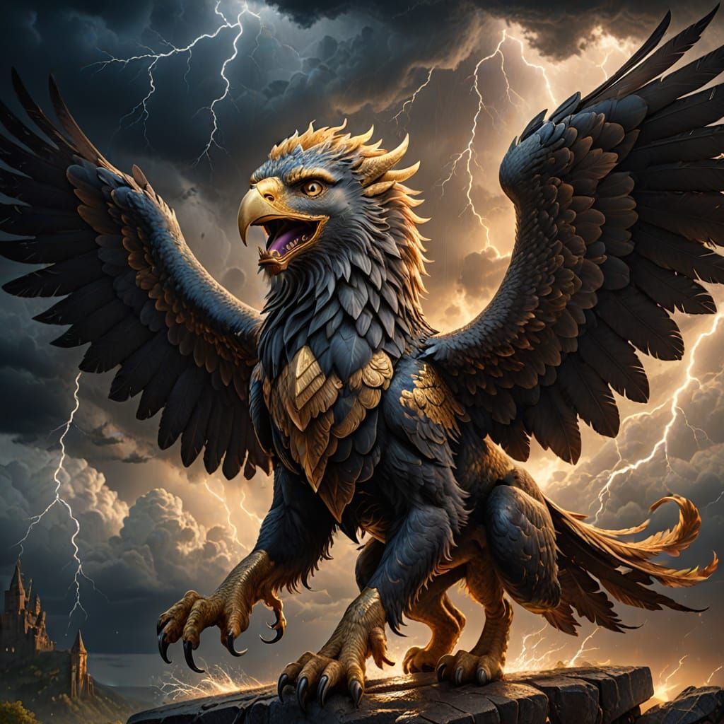 Majestic Griffin Rescues Kitten in Stormy Skies