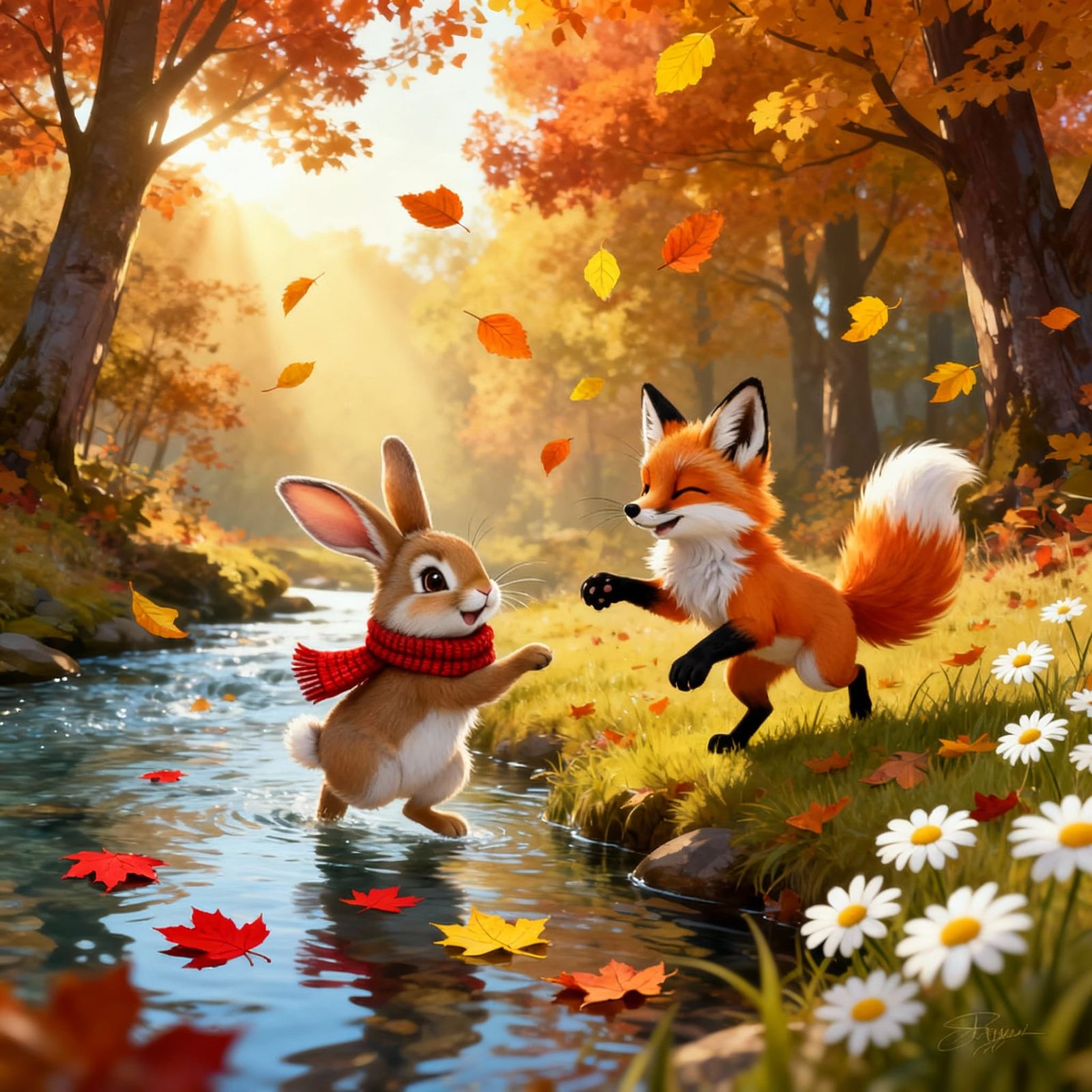 Rabbit and Fox Play Together in Autumn