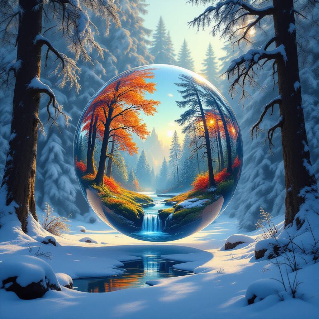 Crystal Water Sphere Over Snowy Forest, Ethereal Fantasy Art