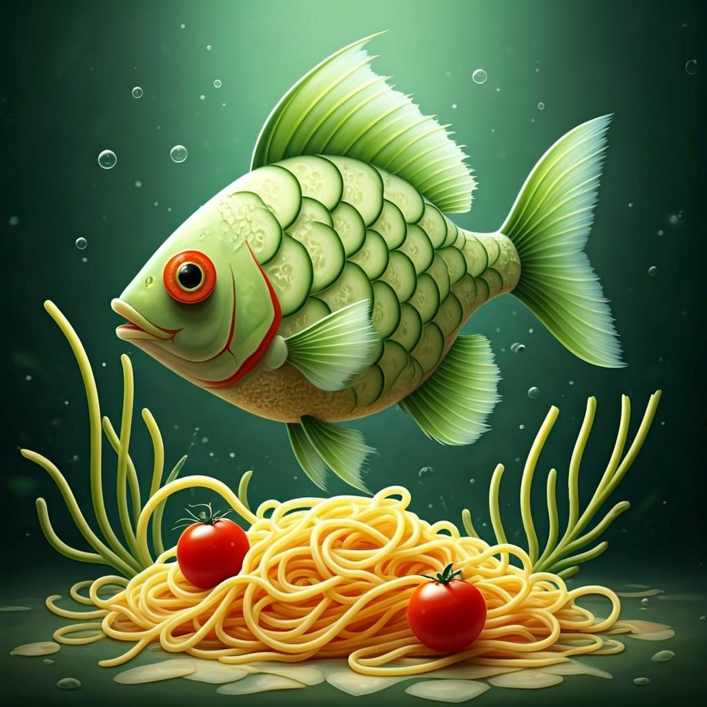 Whimsical Fish with Cucumber Scales in Miyazaki Style