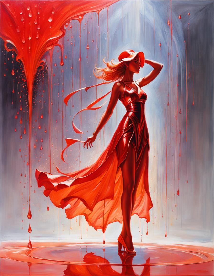 Vermillion Warrior with Dewdrops in Impasto Style