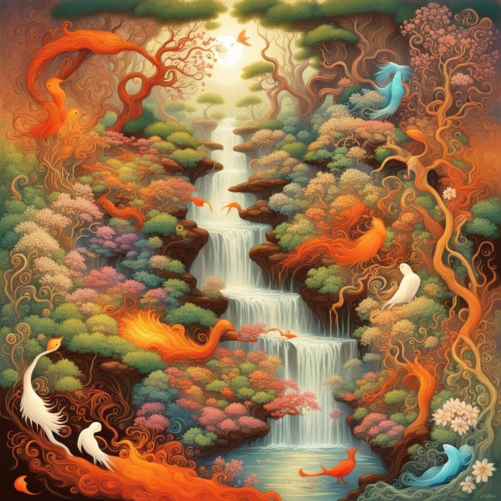 Radiant Abstract Artwork with Waterfalls and Birds