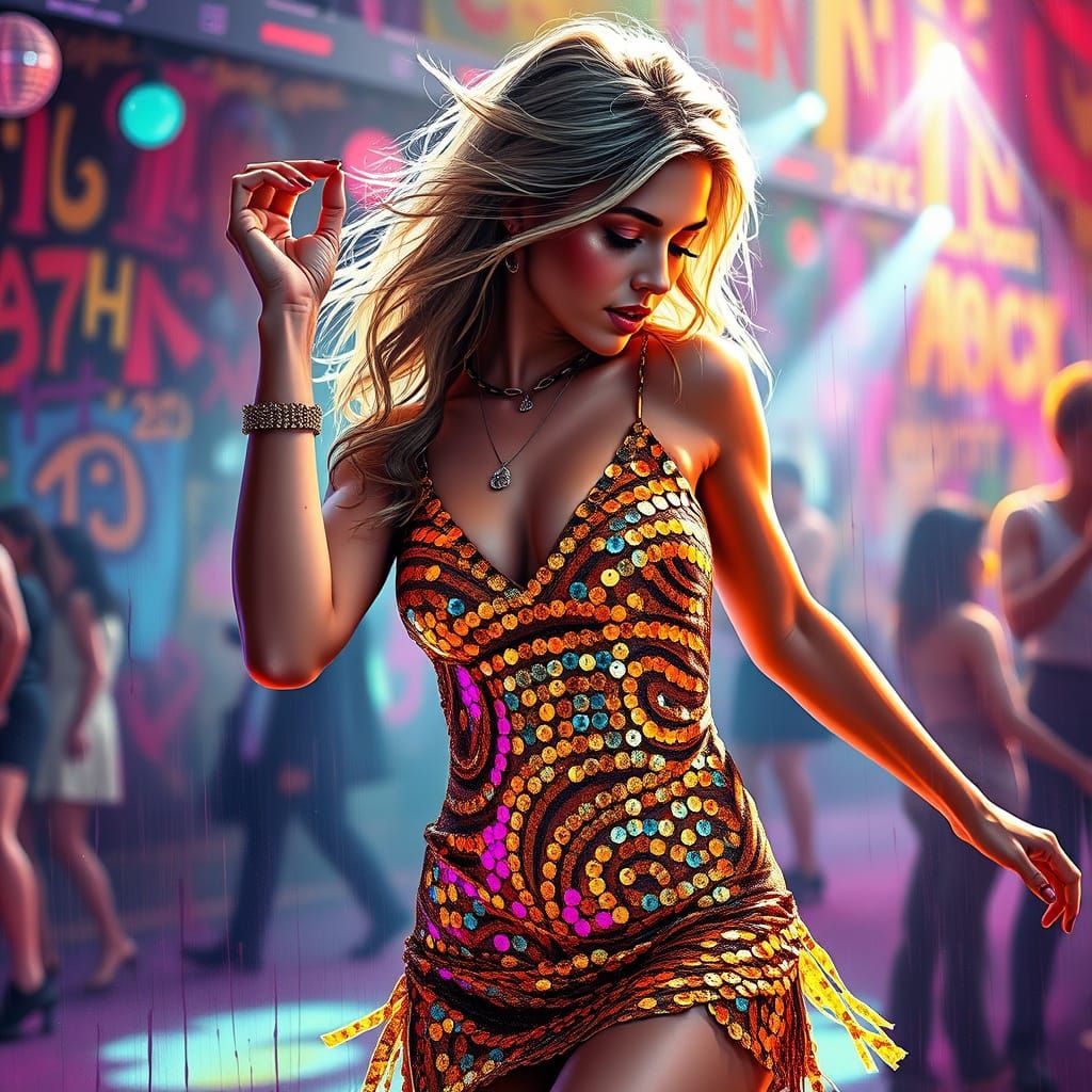 Vibrant Disco Queen in Close-Up, Shimmering in Gold Sequins