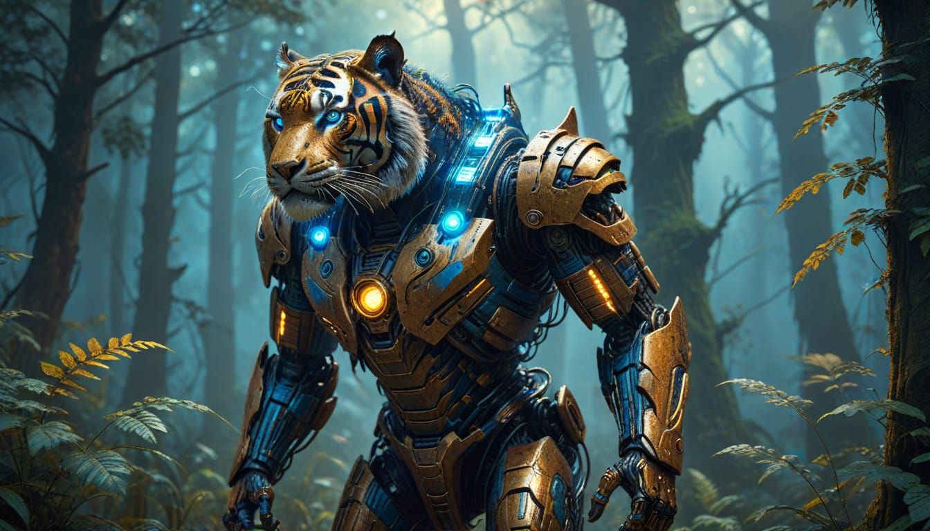 Ancient Robot Tiger in Misty Forest Concept Art