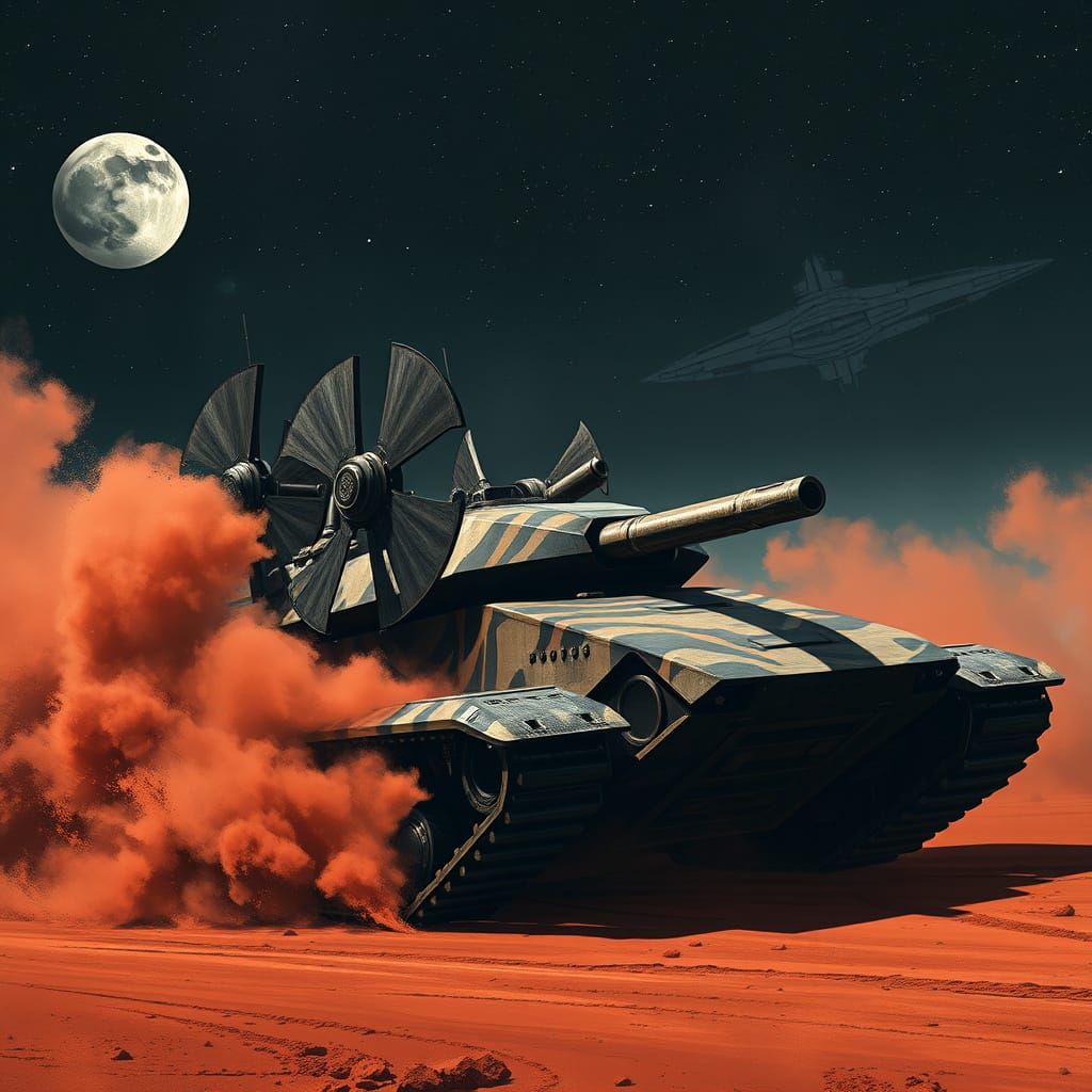 Futuristic Hovercraft Tank in Starry Night Landscape