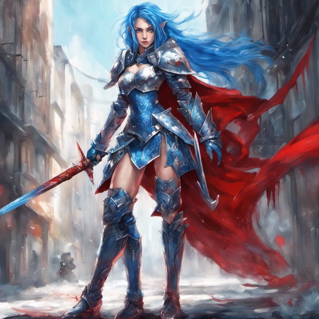 Female Elf Knight in Blue Armor, Graffiti Art