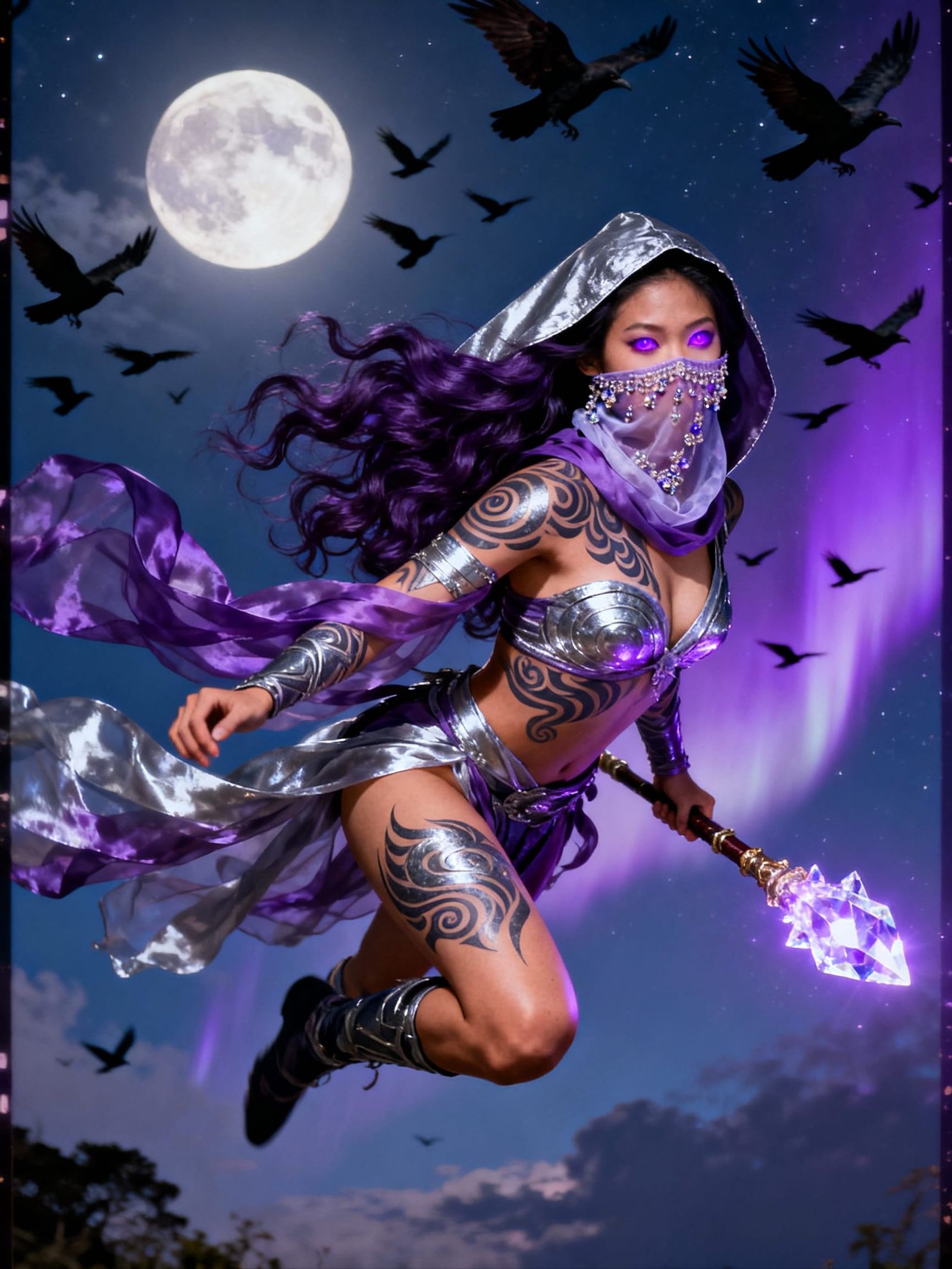 Japanese Warrior Princess with Crystal Staff in Night Sky