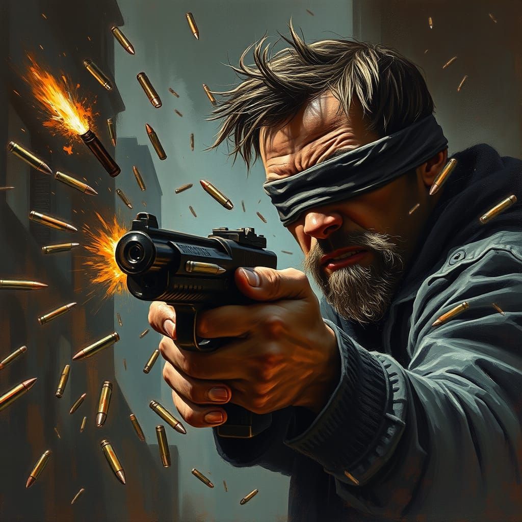Blind Man Firing Gun in Chaotic Urban Landscape
