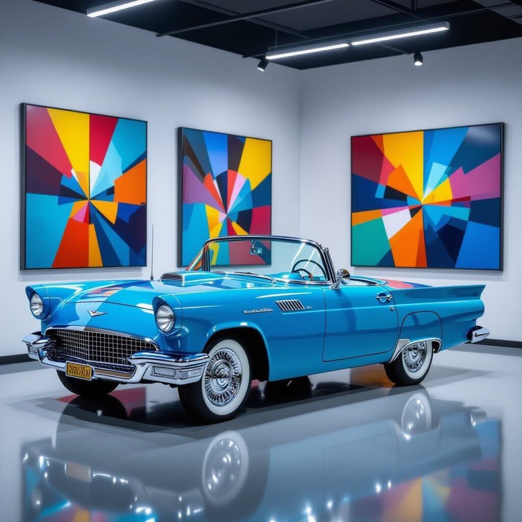 Blue 1956 Thunderbird in Modern Garage with Abstract Art