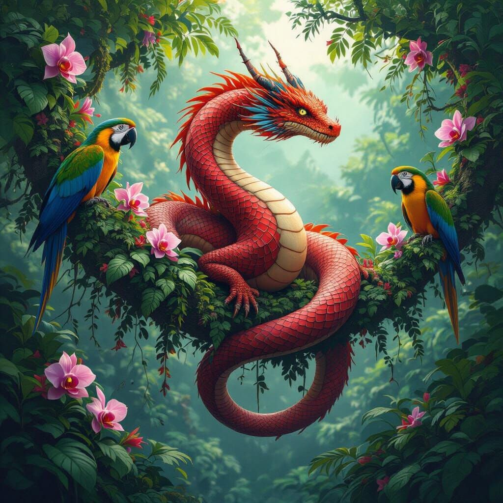 Vermilion Dragon in Amazon Rainforest: Matte Painting