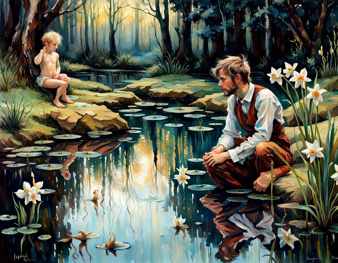 Narcissus and Reflection in Dark Fantasy Style