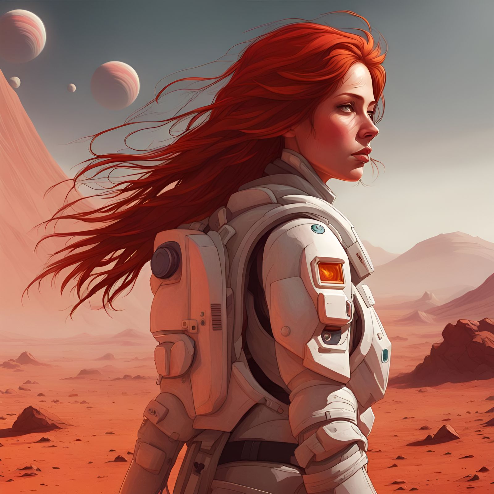 Red Haired Girl Walks on Mars, Hyperdetailed Art