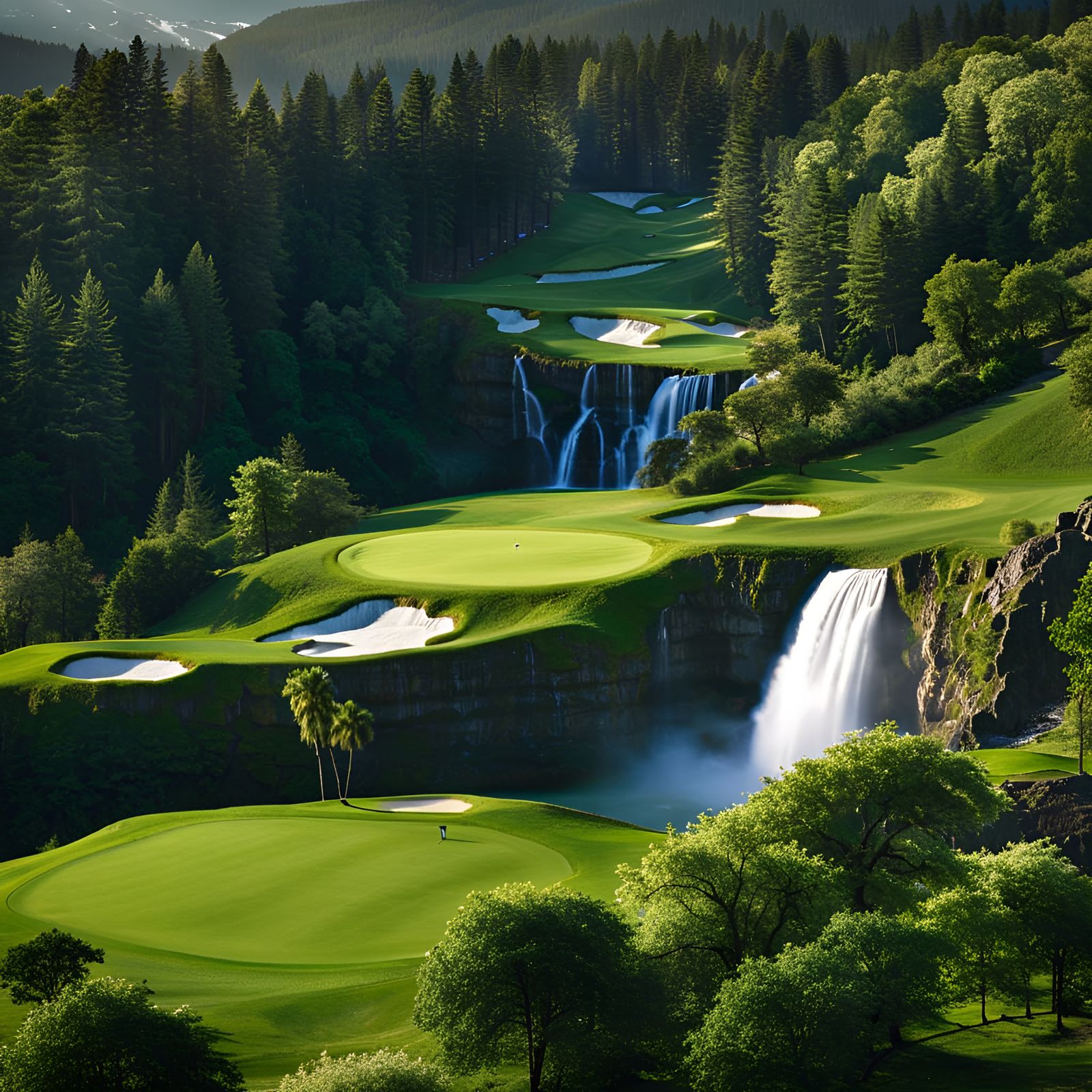 Picturesque Golf Course Overlooking Waterfall and Mountains