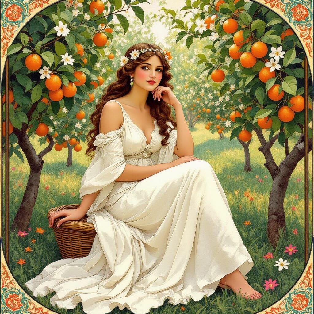 Goddess of Bergamot Orange Trees in Art Nouveau Style