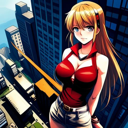 Blonde Giantess Dominates Cityscape in Anime Style