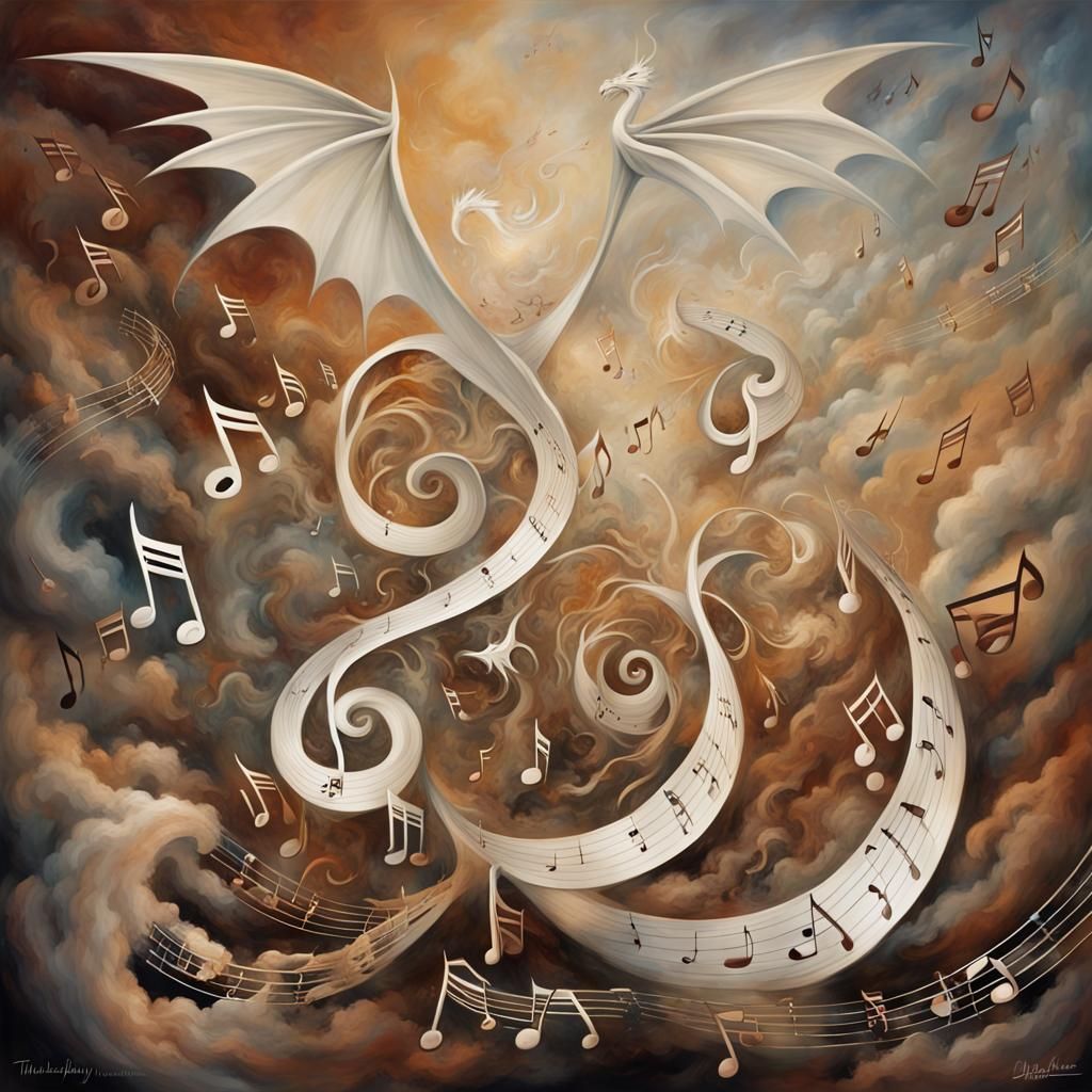 Musical Notes Form Dragon in Abstract Composition