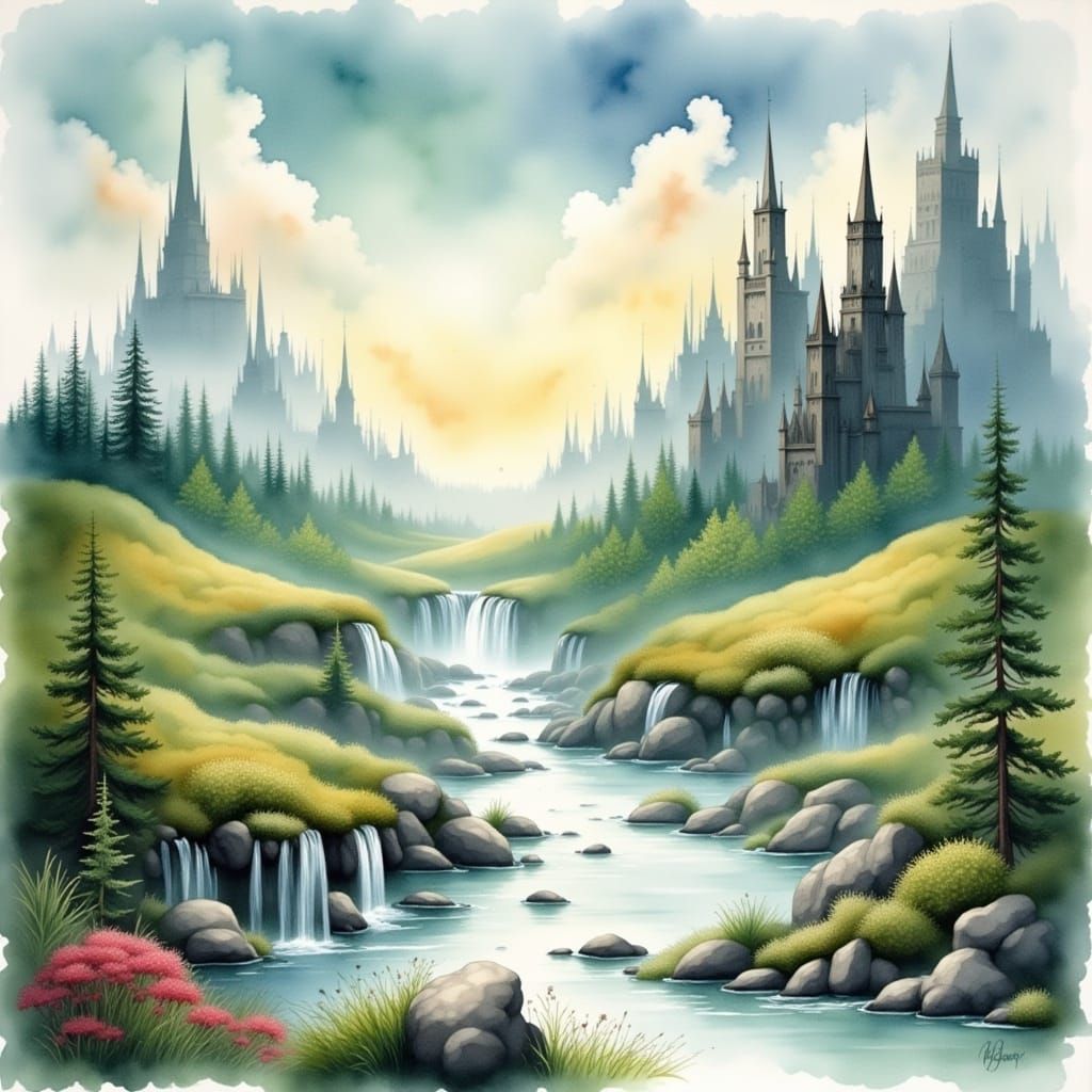 Dreamlike Watercolour Landscape with Glowing Waterfalls