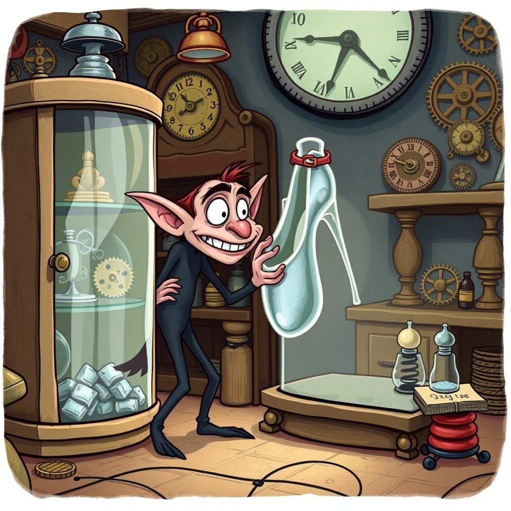 Mischievous Imp Steals Glass Slipper in Clockwork Workshop